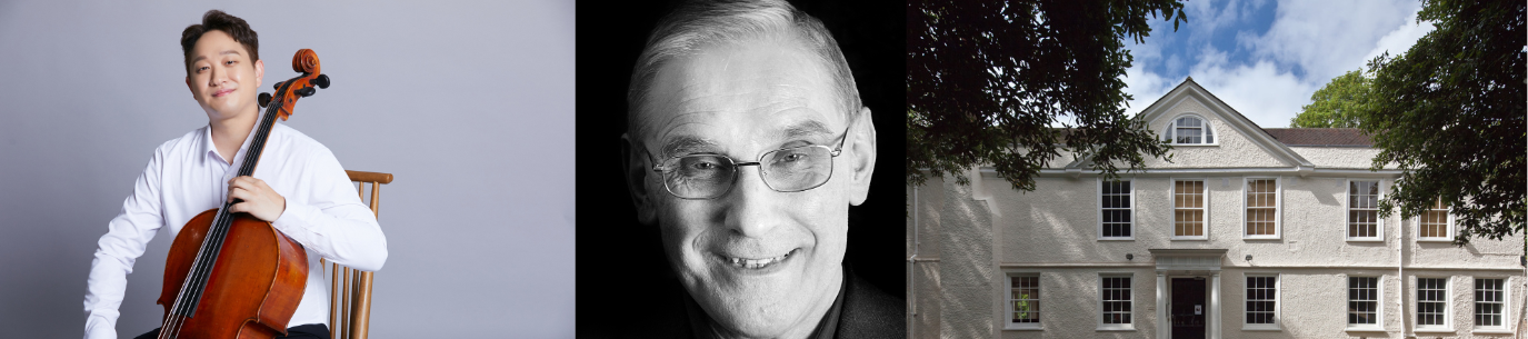 Image shows cellist Andrew Charity and pianist Hamin Kim alongside an external shot of Lauderdale House