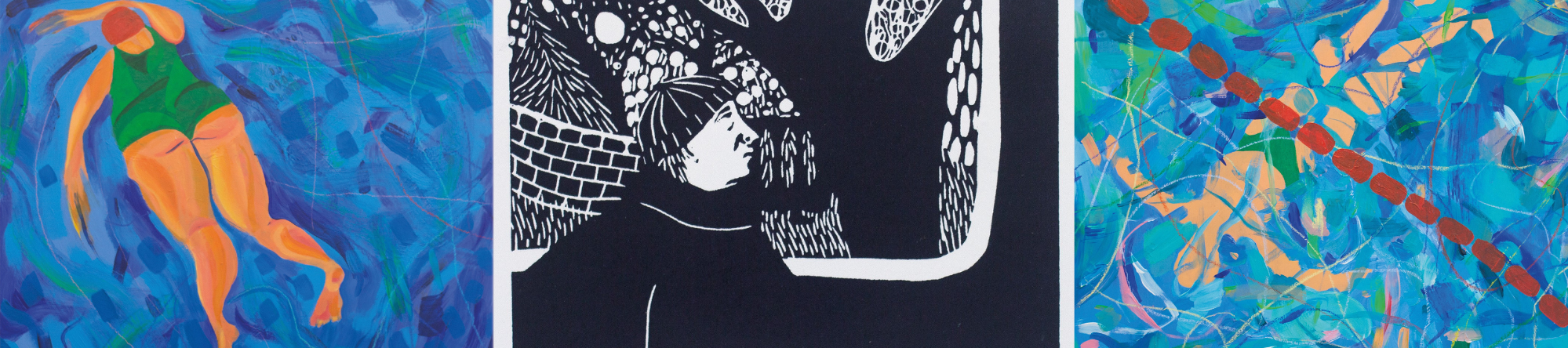 painting one shows a woman's back and legs as she swims in the pool; image two is a black and white print of a person in a winter hat walking in a snowy park; painting two shows a person swimming face up under a pool barrier