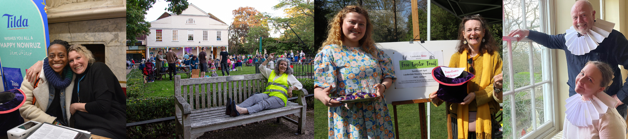 Staff and volunteers at different Lauderdale House events including Nowruz, Open-Air Thursday concerts, Easter and Heritage Weekend