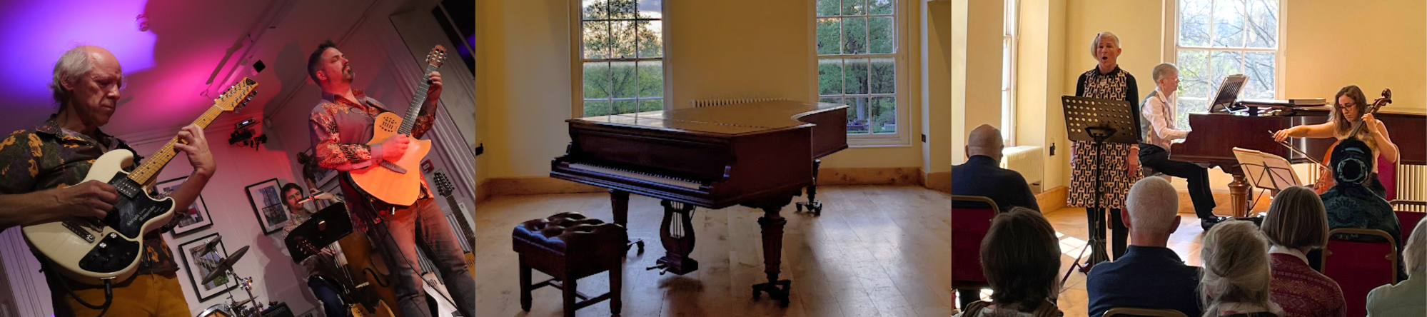 from left to right: guitarists and a drummer playing in the lower gallery lit up with colourful lights, an image of the Erard piano in the long gallery, and a singer, cellist and pianist performing in the long gallery.