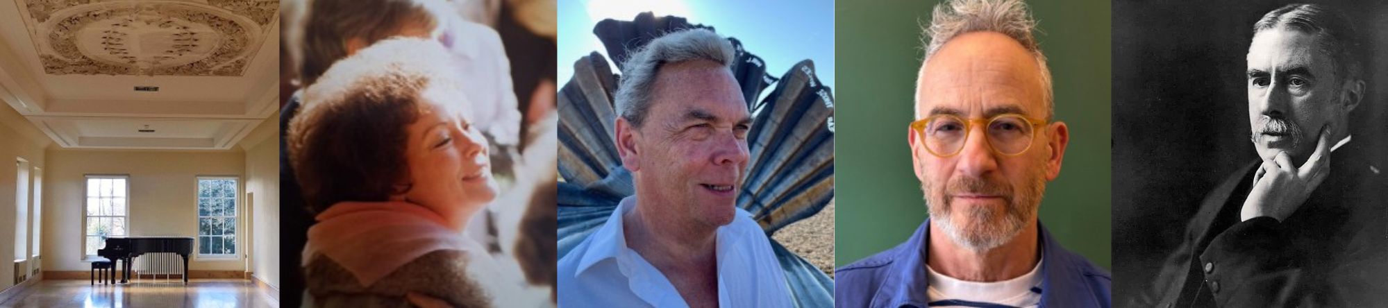 images from left to right: the Lauderdale House long gallery, followed by portraits of the three performers and A.E. Housman