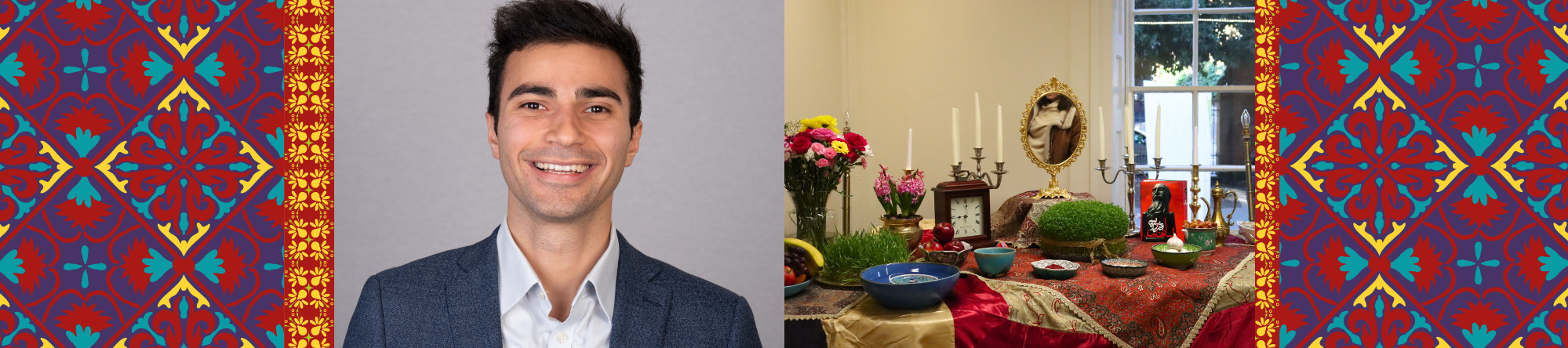 photograph of Councillor Camron Aref-Adib and of a Haft-sin display