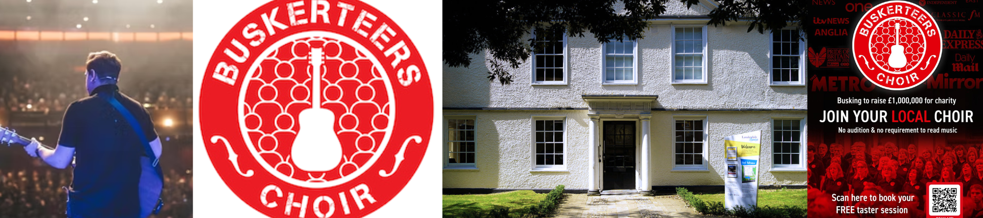 The Buskerteers logo and flyer, along with an image of the front exterior of Lauderdale House and the back of a man with a guitar