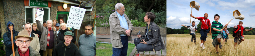 3 images - people protesting; photographer talking; young people running across the heath