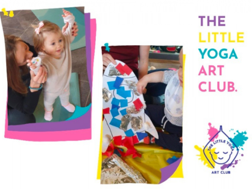 Little Yoga Art Club logo and image of a child drawing a sun