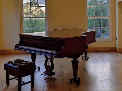 Photos of lauderdale house exterior from tea lawn, long gallery piano, and flowers