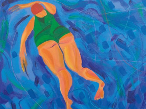 painting one shows a woman's back and legs as she swims in the pool; image two is a black and white print of a person in a winter hat walking in a snowy park; painting two shows a person swimming face up under a pool barrier