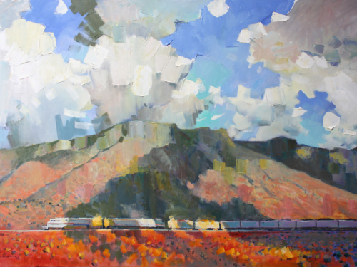 Image 1: Painting of a train passing by a mountain with a blue sky background dappled with clouds; Image 2: a painting of a little stream of water and mud on the edge of Brancaster in Norfolk; image 3: A painting of a busy American train station full of people moving.