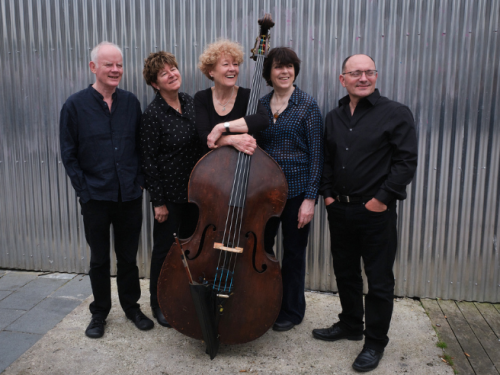 photo of Alison Rayner with her bass credit Tim Dickeson, followed by two photos of ARQ all together and smiling credit Robert Crowley