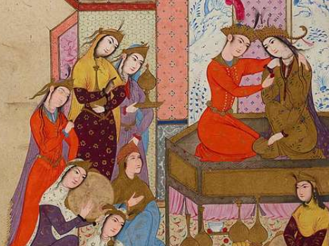 image of speaker Arsalan Akhavan and of a 17th century illustration of a story in Shanameh