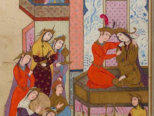 image of speaker Arsalan Akhavan, a 17th century illustration of a story in Shahnameh and of speaker Nazli.