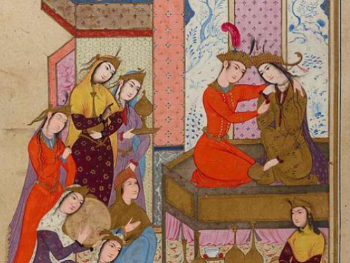 image of speaker Arsalan Akhavan, a 17th century illustration of a story in Shahnameh and of speaker Nazli.