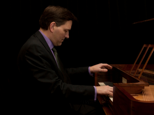 Peter Hewitt playing piano and Hannah Lang holding her flute alongside two photos of the House