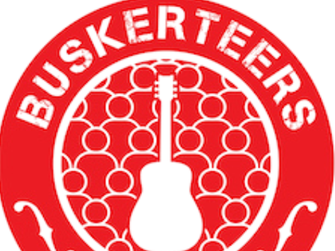 The Buskerteers logo and flyer, along with an image of the front exterior of Lauderdale House and the back of a man with a guitar